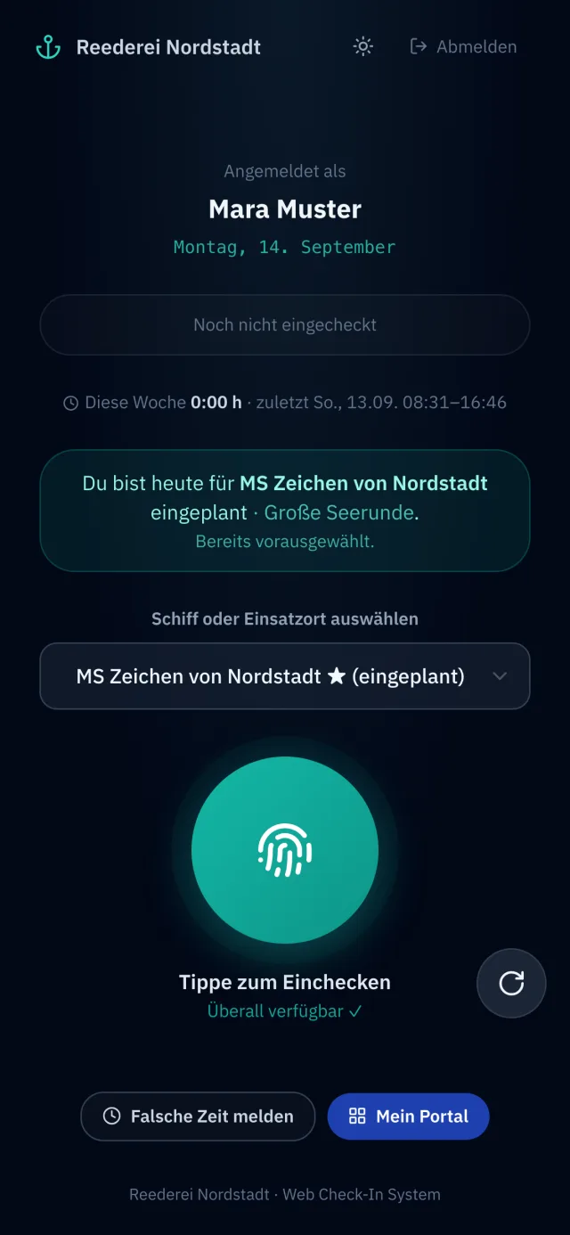 Check-in am Handy: angemeldet als Mara Muster, Montag der 14. September, „Du bist heute für MS Zeichen von Nordstadt eingeplant“, darunter ein großer Knopf „Tippe zum Einchecken“