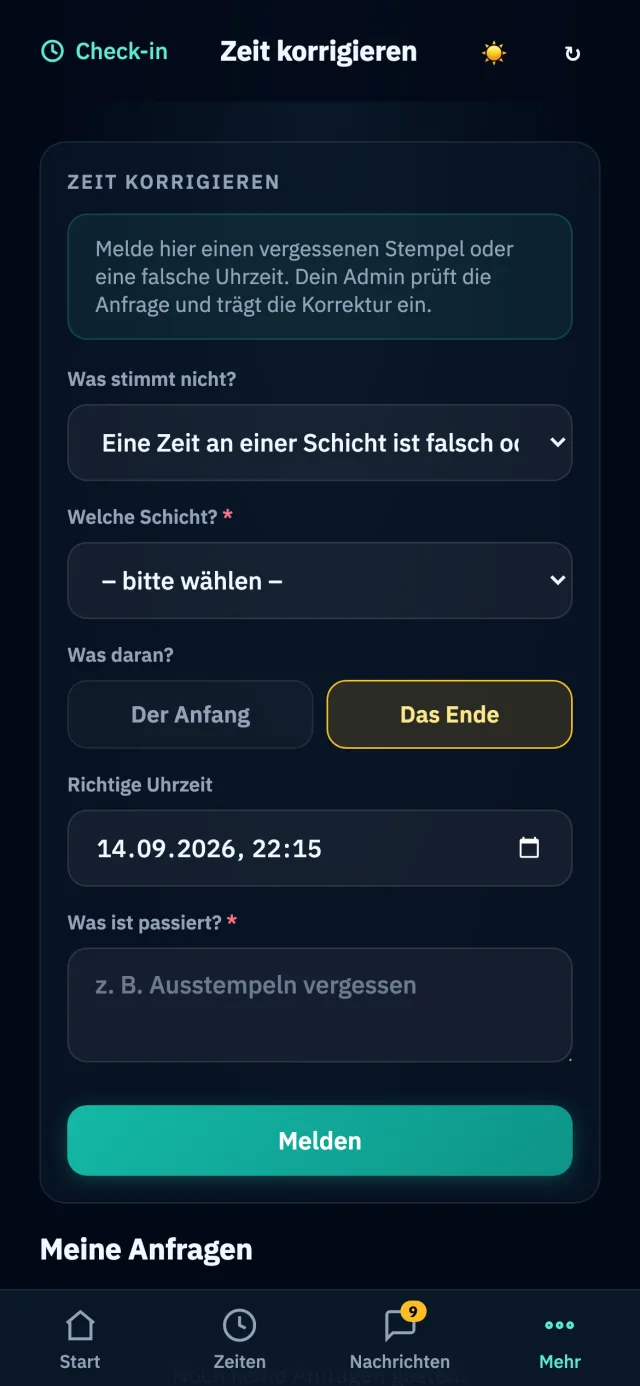 Zeit korrigieren am Handy: Auswahl zwischen falscher Zeit, fehlender Schicht und einer Schicht zu viel, darunter eine Liste der letzten Schichten zum Auswählen