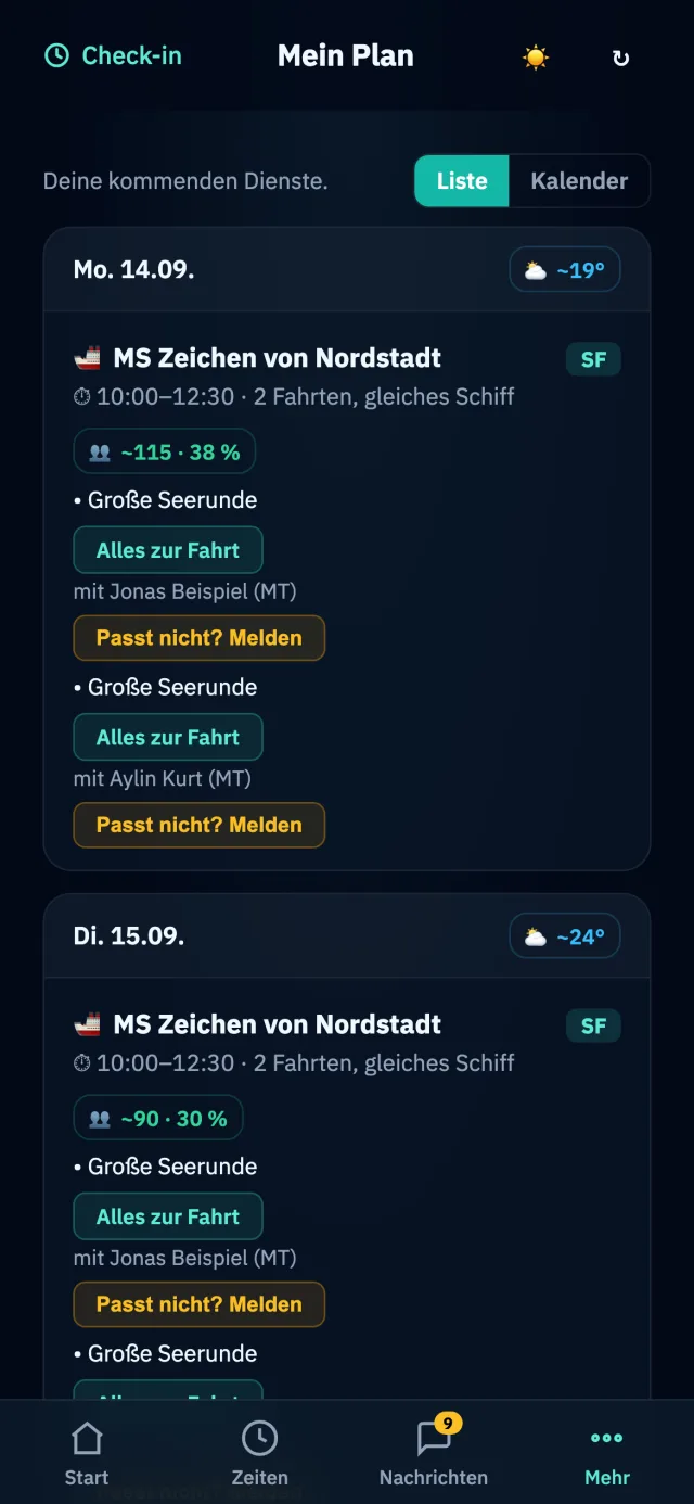 Mein Plan am Handy: Montag der 14.09. bei 19 Grad, MS Zeichen von Nordstadt von 10:00 bis 12:30, Rolle SF, etwa 115 Gäste und 38 Prozent Auslastung, dazu die Kollegen je Fahrt