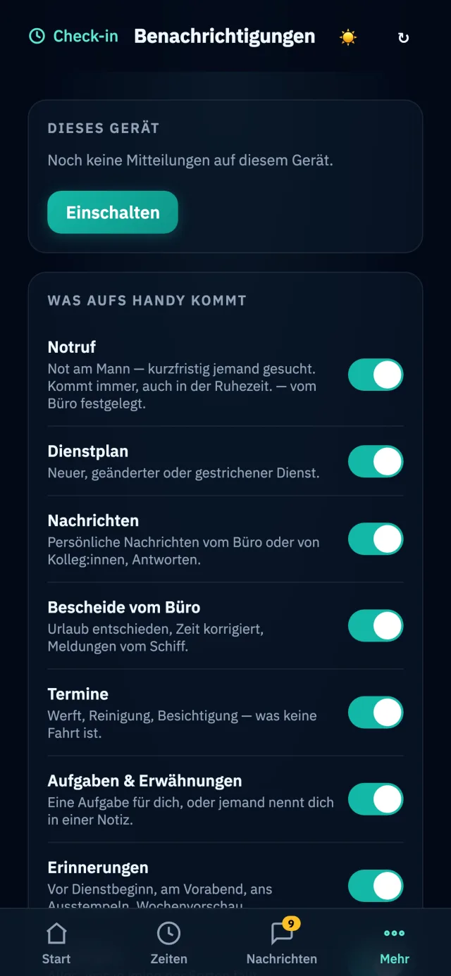 Benachrichtigungen am Handy: Notruf kommt immer, auch in der Ruhezeit, darunter Schalter für Dienstplan, Nachrichten und Bescheide vom Büro