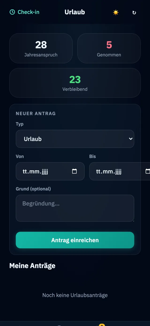 Urlaub am Handy: 28 Tage Jahresanspruch, 5 genommen, 23 verbleibend, darunter ein Formular für einen neuen Antrag mit Typ, Von, Bis und Grund