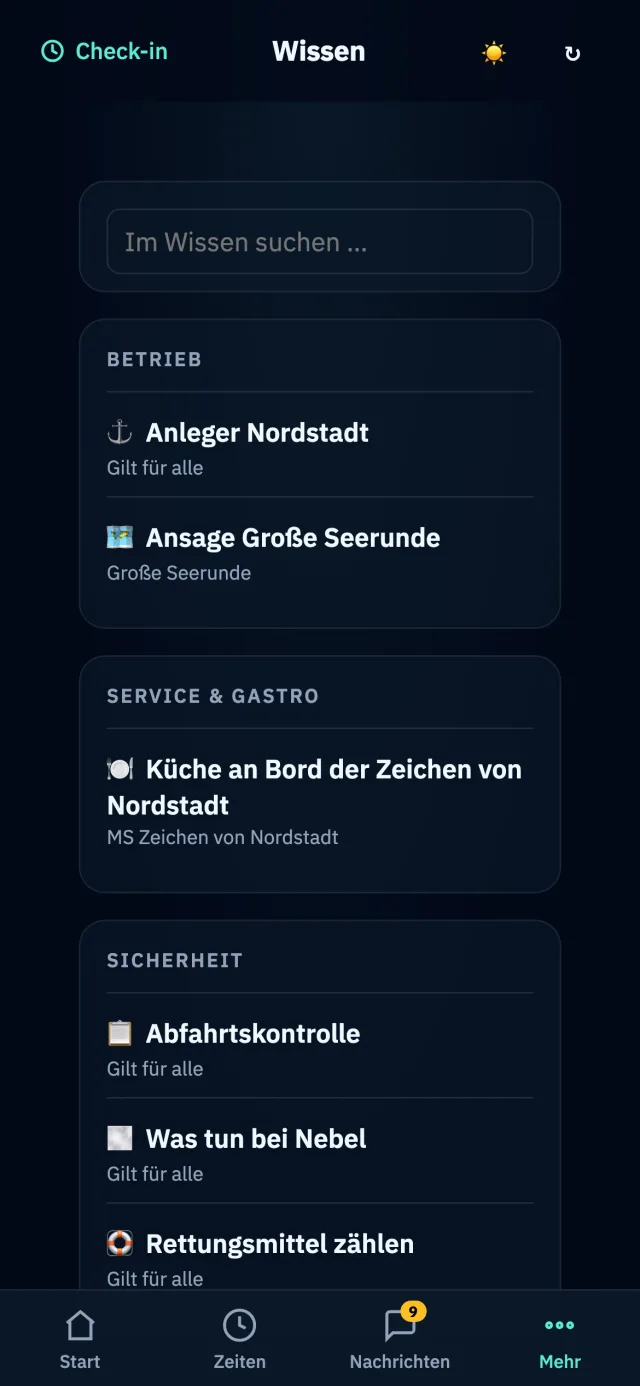Wissen am Handy: Seiten nach Bereich sortiert, Anleger Nordstadt und Ansage Große Seerunde unter Betrieb, Küche an Bord unter Service, Abfahrtskontrolle und Was tun bei Nebel unter Sicherheit