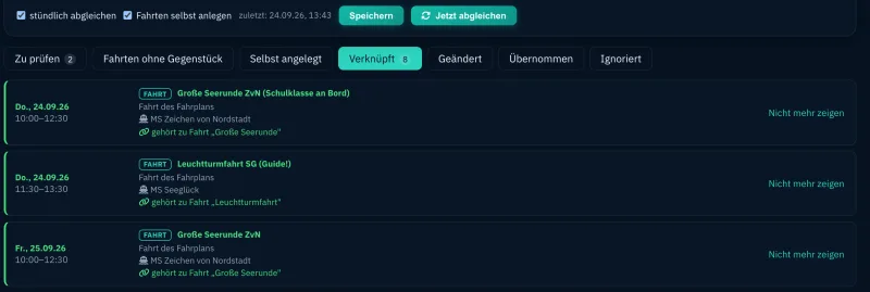 Kalender-Abgleich: Einträge mit ihrer Fahrt verknüpft, zwei warten auf eine Entscheidung