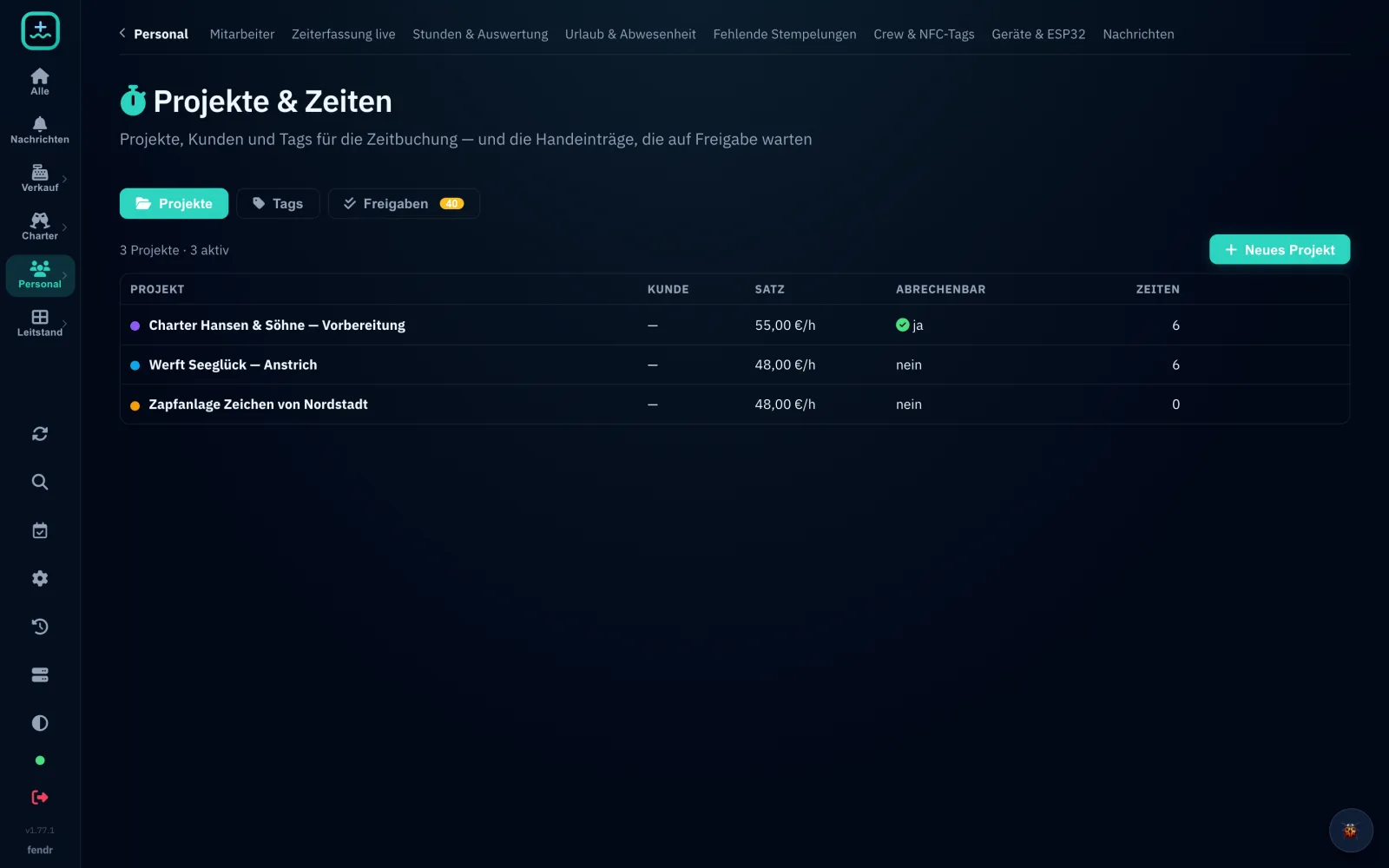 Projekte & Zeiten: laufende Timer und die Stunden je Projekt