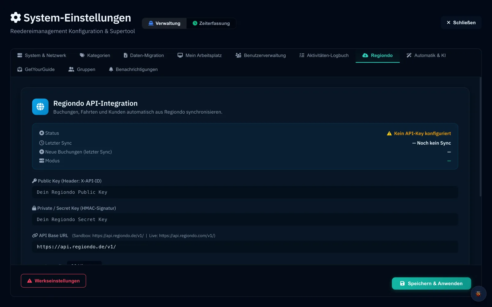 Regiondo-Anbindung: Schlüssel, Status, Protokoll des letzten Abgleichs